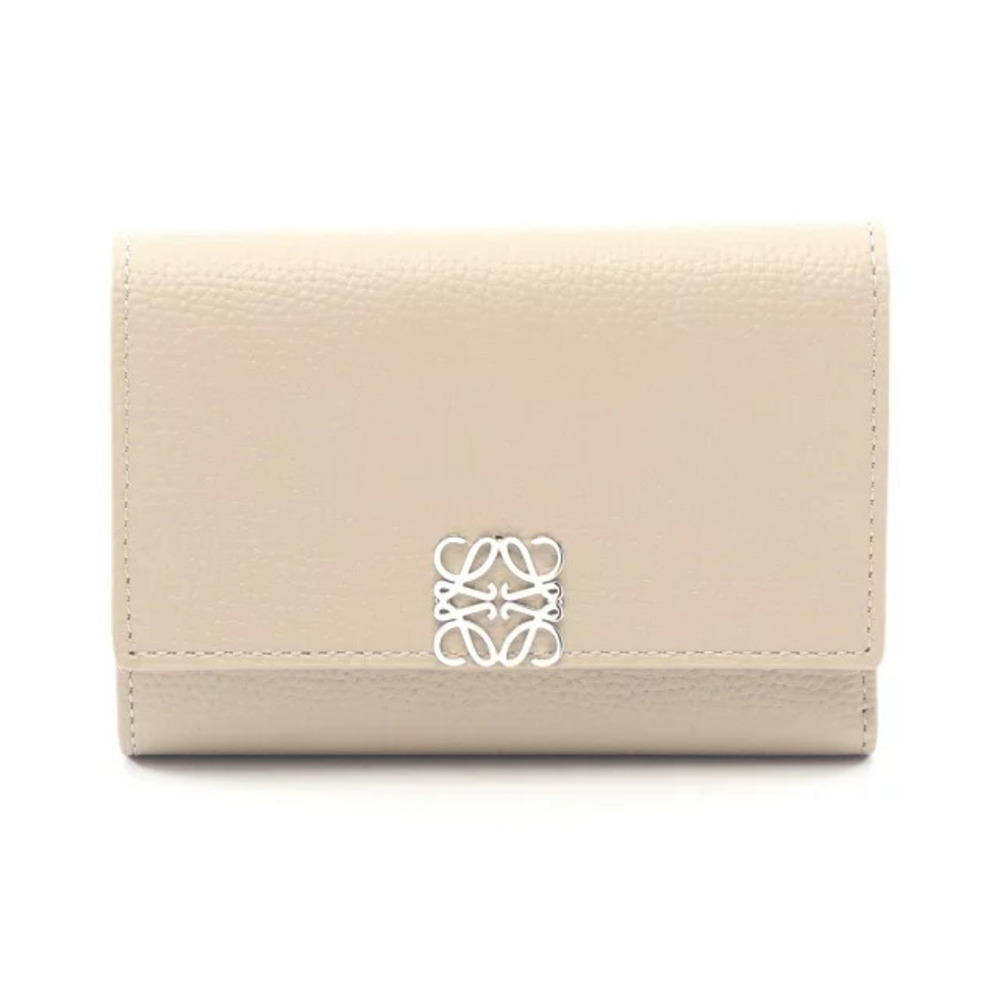 Loewe Anagram Vertical Wallet Tri fold Leather Beige Cream New